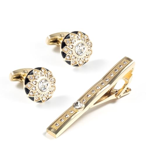 Dsnyu Tie Clip and Cufflinks, Manschettenknöpfe Herren Gold Geometrisch Zirkonia Runde Form Hemd Anzug Schmuck mit Geschenkbox von Dsnyu