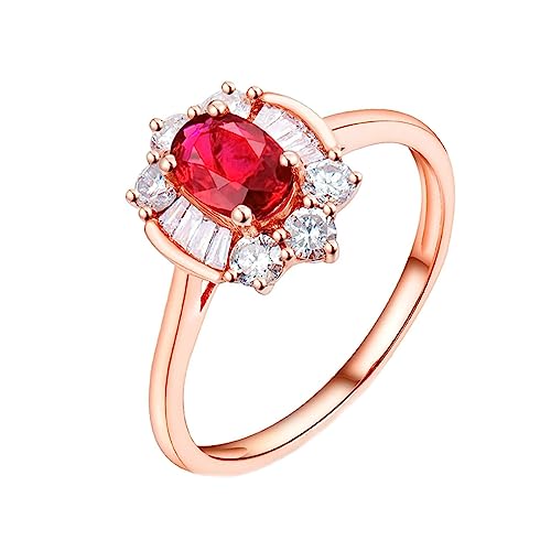 Dsnyu Verlobungsring 750, Verlobungsring Frau Blume 4 Prong Labor Geschaffener Rubin 0.6ct Ovale Form Taubenblutrot Eheringe Gr.53 (16.9) 18 Karat Roségold von Dsnyu