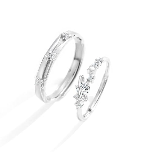 Dsnyu Verlobungsring Paar Silber 925, Partnerringe für Sie und Ihn Glänzende Sterne Zirkonia Runde Form Silber Schmuck Größe Verstellbar von Dsnyu