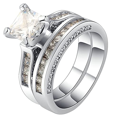 Dsnyu Vintage Ringe Silber, Ringe Frauen Weiß 2-Teiliges Ringset mit Quadratischem Zirkonia Versilbert Schmuck Größe 54 (17.2) mit Box von Dsnyu