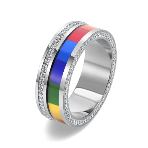 Dsnyu Wedding Ring Women, Ring mit Stein Vintage Silber Regenbogenring Schmuck 7mm Breit Edelstahl Größe 65 (20.7) Cool Jahrestag Geschenk von Dsnyu