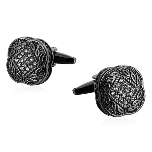 Edelstahl Manschettenknöpfe, Cufflinks Men Set Schwarz-Weiss Kubischer Zirkon mit Blumenmuster Hemd Anzug Herren Schmuck mit Geschenkbox von Dsnyu