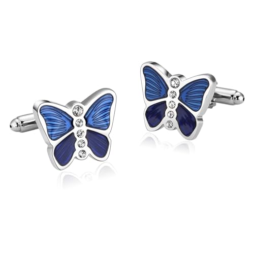 Edelstahl Manschettenknöpfe, Manschettenknöpfe Trauzeuge Silber Blau Schmetterling Zirkonia Unregelmäßige Herren Schmuck für Geburtstag Hochzeit von Dsnyu