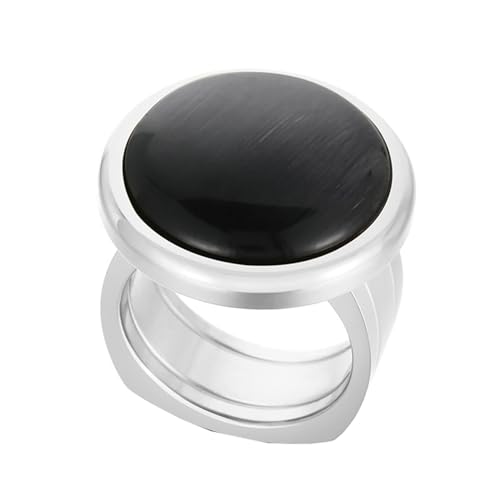 Edelstahl Ring, Schmuck Damen Ringe mit Großem Runden Stein Silber Schwarz Größe 52 (16.6) Jahrestag Geschenk von Dsnyu