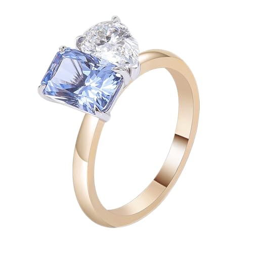 Eheringe 750 Gold, Verlobungsring Damen Vintage Hellblau Künstlicher Saphir Rechteck Trauringe 18 Karat Gelbgold mit Moissanit Größe 49 (15.6) von Dsnyu