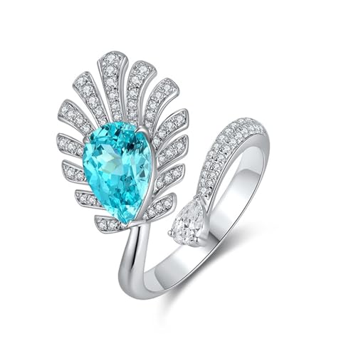 Eheringe Silber, Eheringe Damen Sterlingsilber Feder mit Künstlichem Paraiba-Turmalin Modeschmuck Größe Verstellbar von Dsnyu