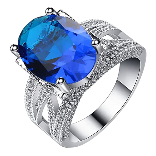 Eheringe Silber, Ring Damen Vintage Blau 4 Zinken mit Ovalem Zirkonia Versilbert Schmuck Größe 57 (18.1) Geburtstag Geschenk von Dsnyu