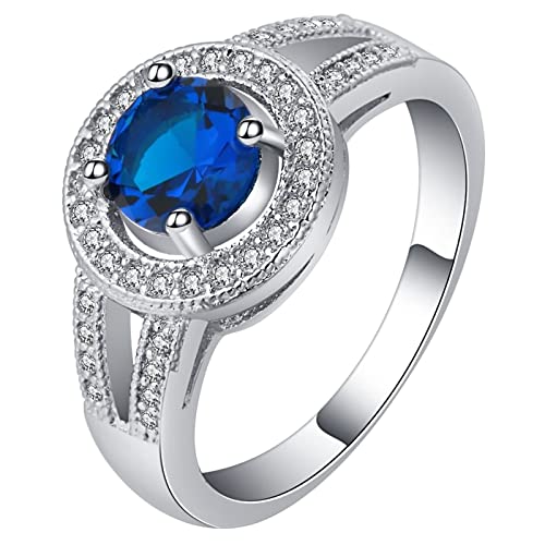 Engagement Ring Silver, Wedding Ring Blau Runder Zirkonia Versilbert Damen Schmuck Größe 57 (18.1) Geburtstag Geschenk von Dsnyu