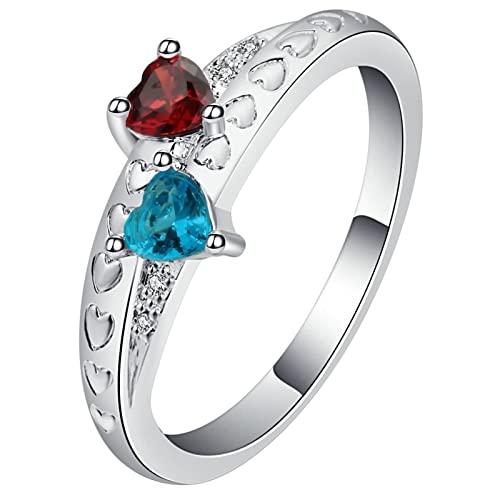 Engagement Ring Woman, Vintage Ringe Zirkonia Blau Rot Doppelherz-Zirkonia Versilbert Damen Schmuck Größe 54 (17.2) mit Box von Dsnyu