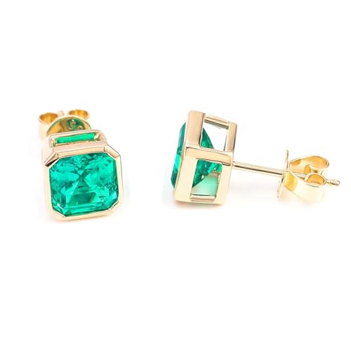 Gold Ohrringe Damen 585 Echtgold, Ohrringe Hochzeit 14 Karat Gelbgold Quadrat Ohrstecker Im Labor Hergestellter Smaragd für Ehefrau Mutter von Dsnyu