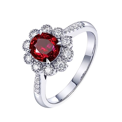 Gold Ring 18 Karat, Ring Damen Verlobungsring Halo Blume 4 Prong Labor Geschaffener Rubin 1.1ct Ovale Form Rot Eheringe Größe 47 (15.0) 750 Weißgold von Dsnyu