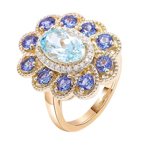 Gold Ring 18K, Eheringe Damen Hellblau Aquamarin 3ct Blume Trauringe 750 Gelbgold mit Erstellt Saphir Größe 45 (14.3) von Dsnyu