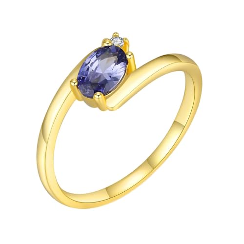 Gold Ring 375, Eheringe Frau 9K Gelbgold Tansanit 4X6mm Ovale Form Einfaches Design für Verlobung Hochzeit Größe 52 (16.6) von Dsnyu