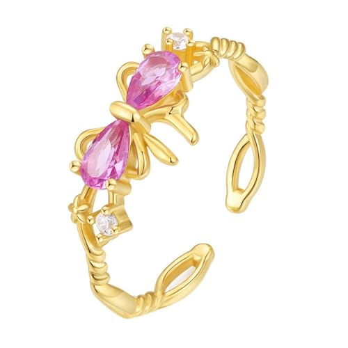 Gold Ring Damen 585, Ehering 14K Gelbgold Hergestellter Morganit Birnenform Offener Schmuck mit Schleife Verstellbar für Verlobung Hochzeit Größe 54 (17.2) von Dsnyu