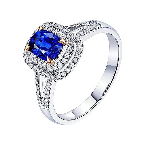 Gold Ringe Frauen 18K, Damen Ringe Halo 4 Prong Labor Geschaffener Saphir 1ct Ovale Form Blau Eheringe Größe 57 (18.1) 750 Weißgold von Dsnyu
