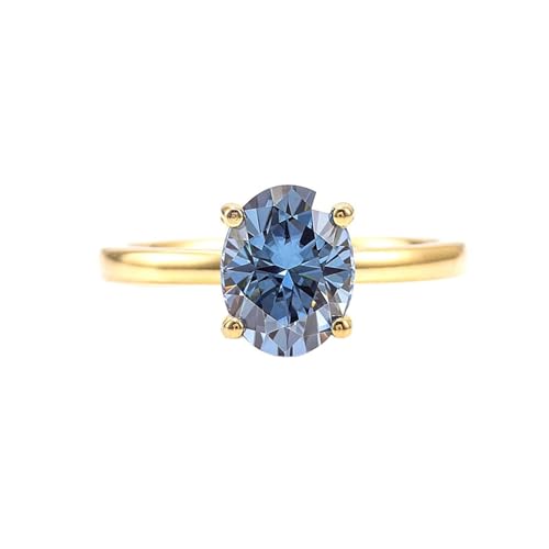 Gold Ringe Frauen 585 Echtgold, Eheringe Frauen 14 Karat Gelbgold mit 2 Karat Blauem Ovalem Moissanit für Ehefrau Mutter Größe 61 (19.4) von Dsnyu