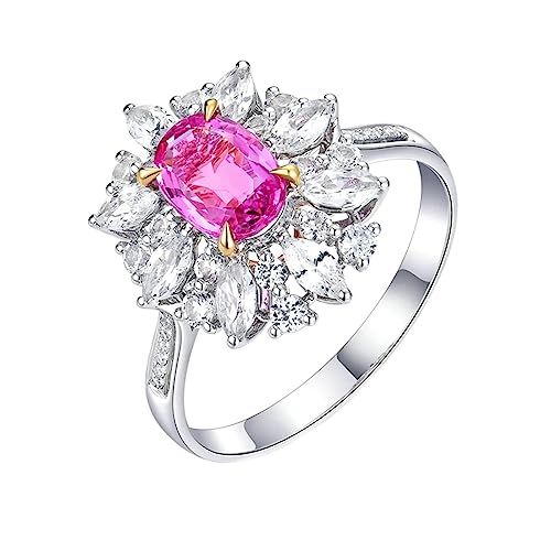 Goldring Damen 18K, Ring Damen Vintage Cluster Blume 4 Prong Labor Geschaffener Saphir 1.12ct Ovale Form Rosa Trauringe Größe 50 (15.9) 750 Weißgold von Dsnyu