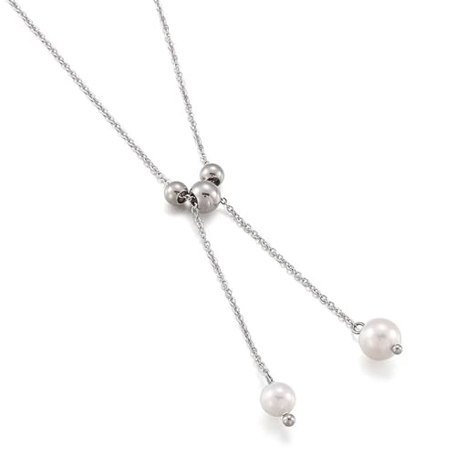 Halskette Damen Silber, Halskette Edelstahl Lang Kette mit Perle Anhänger Kabel Kette Schmuck Jahrestag Geschenk für Sie von Dsnyu