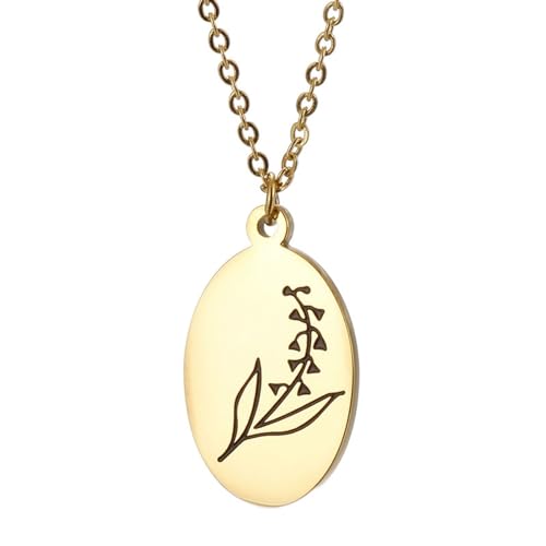 Halskette Gold Lang, Halskette Edelstahl Lang Oval mit Blumenmuster Anhänger Kabel Kette Damen Schmuck für Geburtstag von Dsnyu