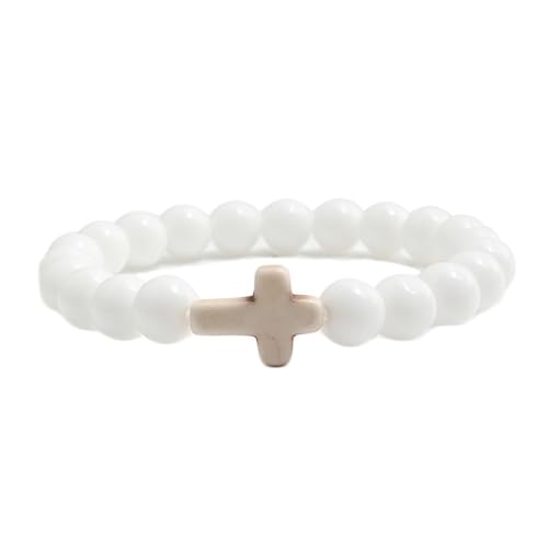 Herren Armbänder Kreuz, Stein Armband Damen Perlen Armbänder Runden Geburtstag Modeschmuck Elastisch Weiß 1 Stück von Dsnyu