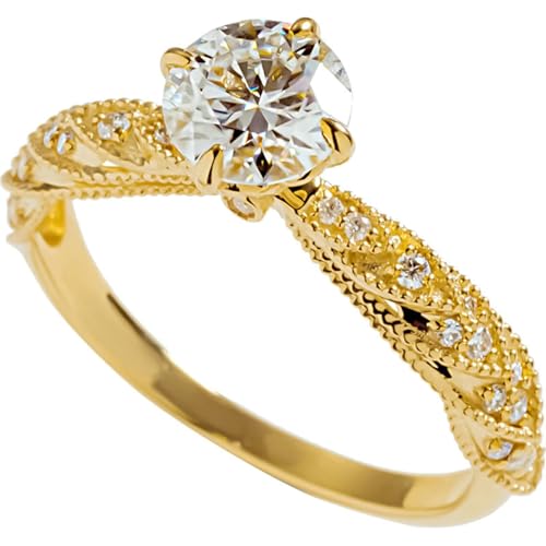 Hochzeitsringe Frauen, Promise Ring 9K Gelbgold mit Rundem Moissanit Damen Schmuck Größe 47 (15.0) von Dsnyu