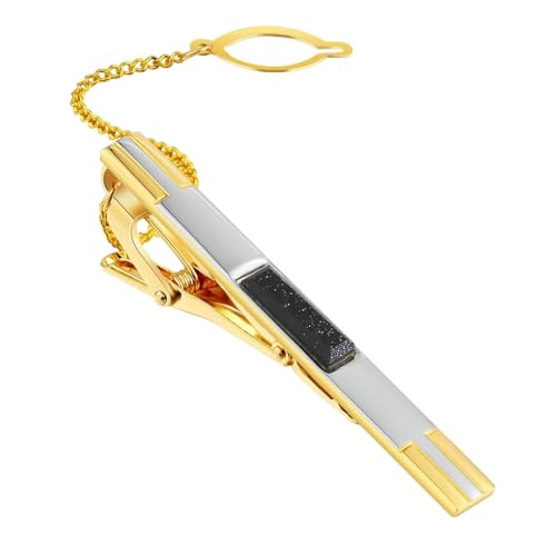 Krawattenklammer Edelstahl, Tie Clip Gold Schwarzer Stein mit Kette Hemd Anzug Herren Schmuck für Geburtstag Hochzeit von Dsnyu