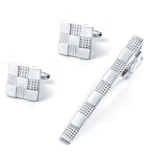 Krawattenklammer Und Manschettenknöpfe Set, Manchettenknoepfe Herren Silber Quadratisches Raster Hemd Anzug Damen Schmuck mit Geschenkbox Krawattenklammer Und Manschettenknöpfe Set, Manchettenknoepfe Herren Silber Quadratisches Raster Hemd Anzug Damen Schmuck mit Geschenkbox von Dsnyu