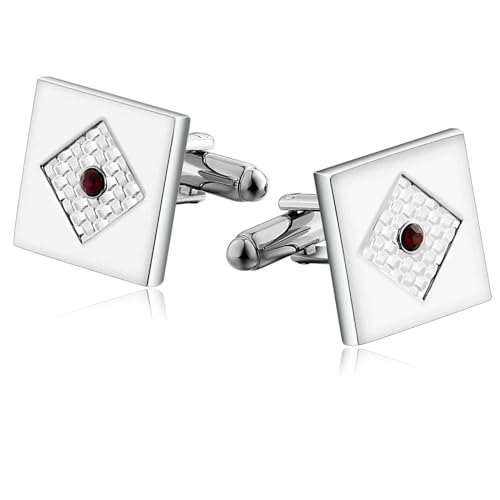 Manchettenknoepfe Herren Silber, Cufflinks Set Rot Quadratisches Kristall-Inlay Zirkonia Runde Form Edelstahl Schmuck für Geburtstag Hochzeit von Dsnyu