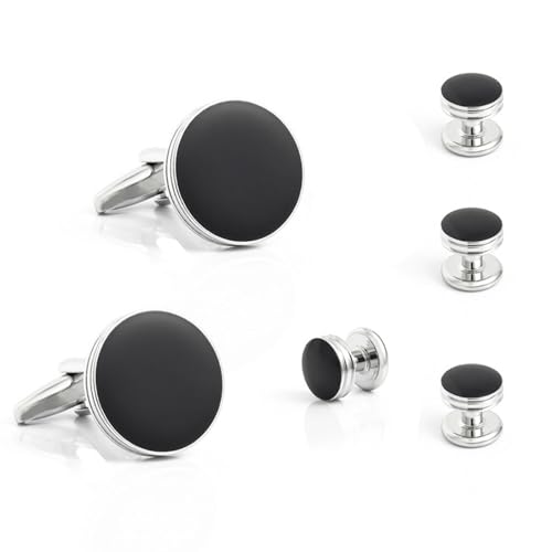 Manschettenknöpfe Herren Silber, Cufflinks Set for Men Schwarz Einfache Runde Onyx Hemd Anzug Damen Schmuck mit Geschenkbox von Dsnyu
