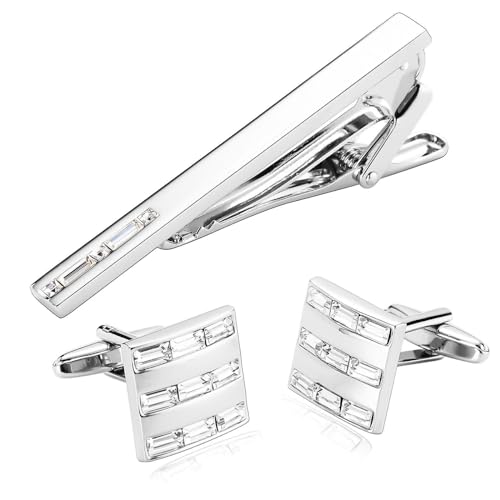 Manschettenknöpfe Krawattennadel Set, Edelstahl Manschettenknöpfe Silber Weiss Geometrie Zirkonia Unregelmäßige Herren Damen Schmuck mit Box von Dsnyu