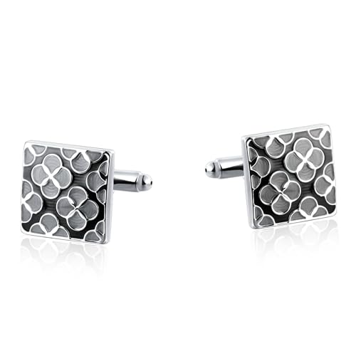 Manschettenknöpfe Silber, Cufflinks Set Schwarz Quadratische Form und Blumenform Edelstahl Hemd Anzug Herren Schmuck mit Geschenkbox von Dsnyu