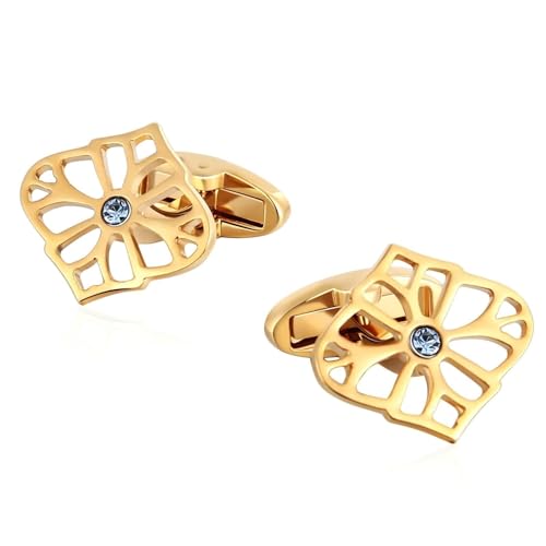 Manschettenknöpfe für Herren In Gold, Manschettenknöpfe Hohle Blume mit Blauem Cz Edelstahl Hemd Anzug Schmuck mit Geschenkbox von Dsnyu