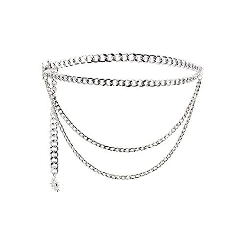 Mehrschichtige Ketten, Body Chain Damen Silber DREI Schichten mit Mond und Stern Karabinerverschluss Bauch Ketten Körperschmuck 98cm von Dsnyu