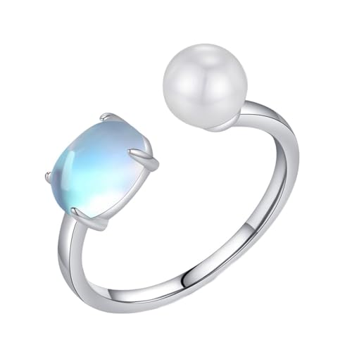 Mondstein Ring Weißgold, Eheringe Frauen 9K Gold Offener Perlenschmuck Einstellbar Geschenk für Geburtstag Größe 62 (19.7) von Dsnyu