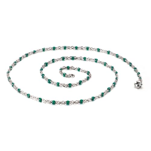 Necklace Women, Damen Halskette 55Cm Edelstahl Kette mit Perlen Kabel Kette Dunkelgrün Schmuck für Geburtstag von Dsnyu