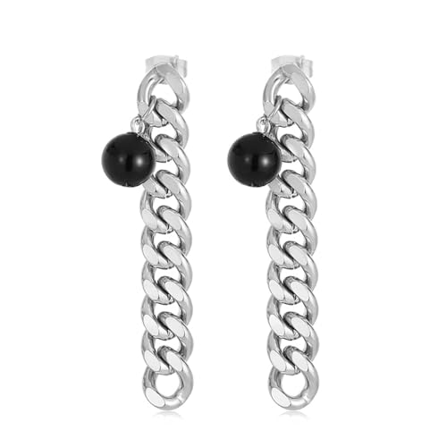 Ohrringe Damen Edelstahl, Silber Ohrringe Vintage Kette mit Perle Ohrstecker Schwarz Schmuck Tragus Piercings von Dsnyu