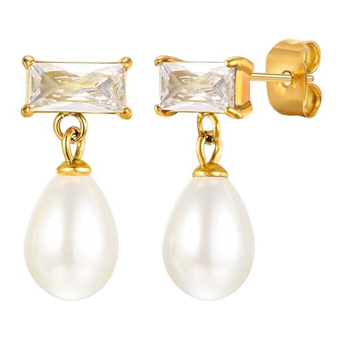 Ohrringe Gold Elegant, Damen Ohrringe Hängend Rechteck mit Ovaler Weißer Perle Edelstahl Schmuck Ohrringe Gold Elegant, Damen Ohrringe Hängend Rechteck mit Ovaler Weißer Perle Edelstahl Schmuck von Dsnyu