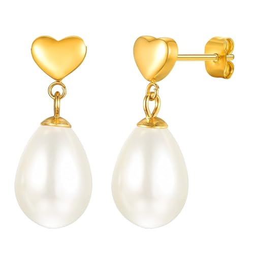 Ohrringe Gold Hängend, Damen Ohrringe Edelstahl Herz mit Ovaler Weißer Perle Schmuck Mode Elegant Ohrringe Gold Hängend, Damen Ohrringe Edelstahl Herz mit Ovaler Weißer Perle Schmuck Mode Elegant von Dsnyu