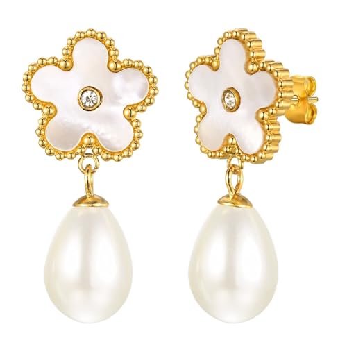 Ohrringe Hängend Blume, Damen Ohrringe Modern mit Ovaler Weißer Perle Edelstahl Gold Schmuck Ohrringe Hängend Blume, Damen Ohrringe Modern mit Ovaler Weißer Perle Edelstahl Gold Schmuck von Dsnyu