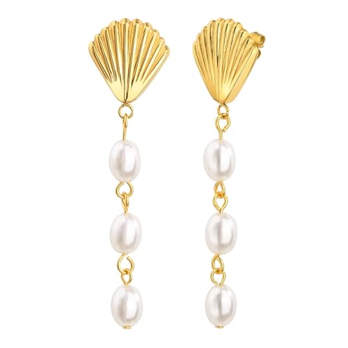 Ohrringe Hängend Edelstahl, Damen Ohrringe Gold Muschel mit Ovaler Weißer Perle Schmuck Knorpel Piercing Ohrringe Hängend Edelstahl, Damen Ohrringe Gold Muschel mit Ovaler Weißer Perle Schmuck Knorpel Piercing von Dsnyu