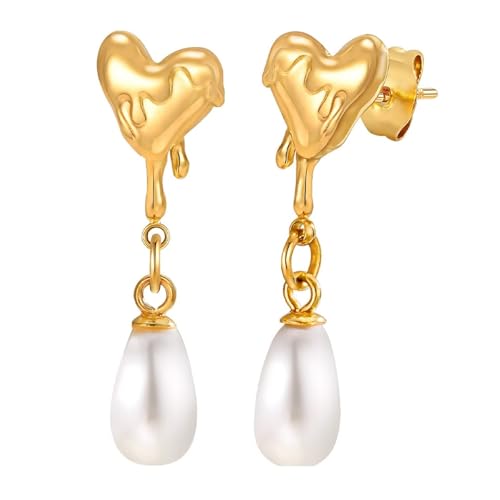 Ohrringe Hängend Edelstahl, Ohrringe Gold Elegant Herz mit Ovaler Weißer Perle Damen Schmuck Ohrringe Hängend Edelstahl, Ohrringe Gold Elegant Herz mit Ovaler Weißer Perle Damen Schmuck von Dsnyu