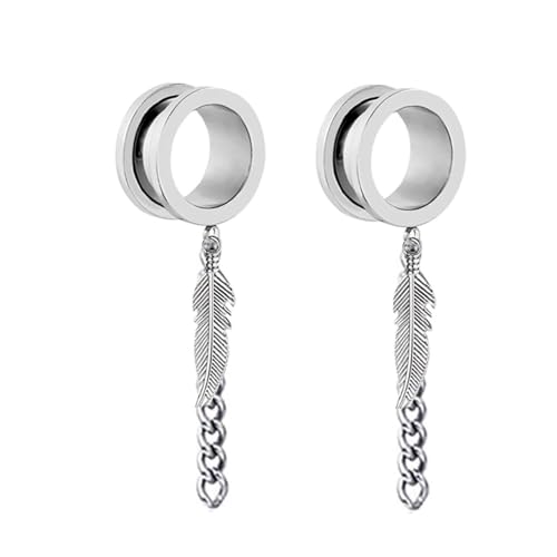 Plugs 10mm Silber, Ear Piercing Jewelry Edelstahl Ohr Tunnels Expander Rund mit Kette und Blattanhänger Damen Herren Schmuck 2er Set von Dsnyu