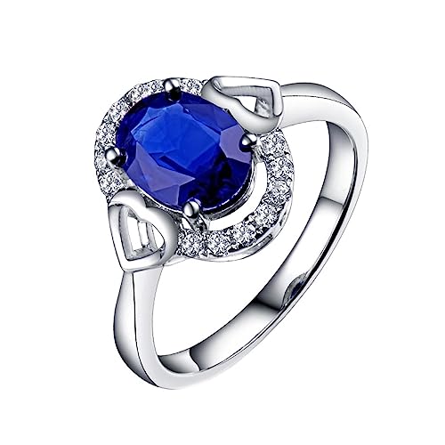 Promise Ring Herz, Verlobungsring Damen Halo 4 Prong Labor Geschaffener Saphir 1.6ct Ovale Form Blau Eheringe Gr.58 (18.5) 18K Weißgold von Dsnyu