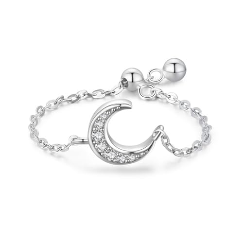 Promise Ring Silber 925, Damen Ringe Vintage Verstellbare Kette mit Mond Zirkonia Runde Form Silber Schmuck Größe Verstellbar von Dsnyu