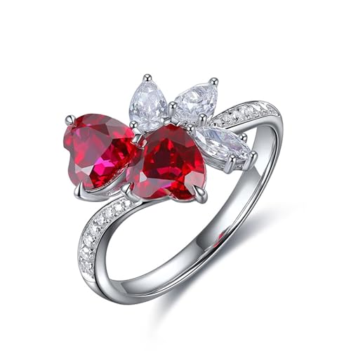 Promise Ring Woman, Wedding Ring Bands Sterlingsilber Doppelte Herzen mit 2,36 ct Synthetischem Rubin Silber Modeschmuck Größe 50 (15.9) von Dsnyu