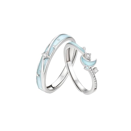 Ring Damen Zirkonia, Eheringe Vintage S925 Sterling Silber Stern Mond Silber Schmuck Größe Verstellbar von Dsnyu