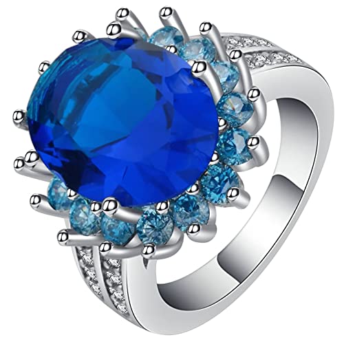 Ring Damen Zirkonia, Promise Ring Frau Silber Blau Blume mit Ovalem Zirkonia Versilbert Schmuck Größe 62 (19.7) Geburtstag Geschenk von Dsnyu