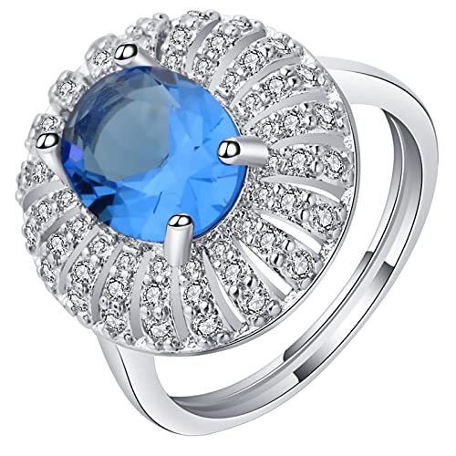 Ring Damen Zirkonia, Ringe Frauen Cool Silber Blau 4 Zinken mit Ovalem Zirkonia Versilbert Schmuck Größe 52 (16.6) mit Box von Dsnyu