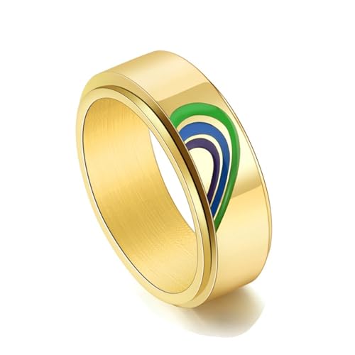 Ring Mann Edelstahl, Damen Ringe Gold Liebe Regenbogen Schmuck 8mm Breit Größe 57 (18.1) Komfort Fit mit Box von Dsnyu