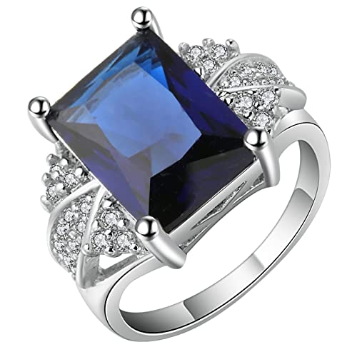 Ring mit Stein Damen, Engagement Ring Woman Silber Blau 4-Zackiger Rechteckiger Zirkonia Versilbert Schmuck Größe 52 (16.6) mit Box von Dsnyu